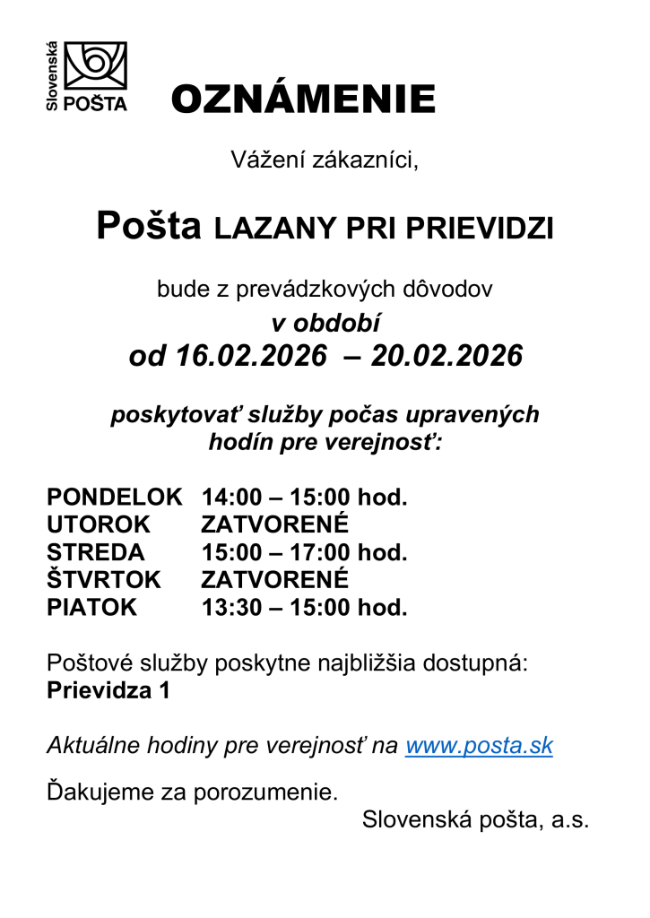 POŠTA LAZANY - OZNAM