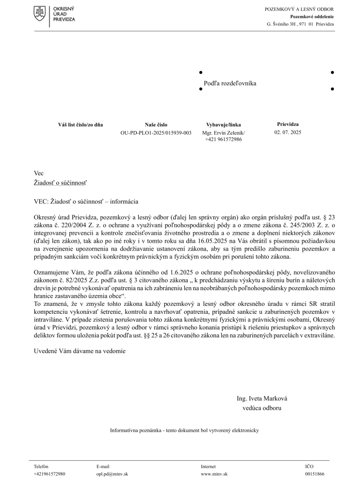 Okresný úrad Prievidza - Pozemkový a lesný odbor - informácia